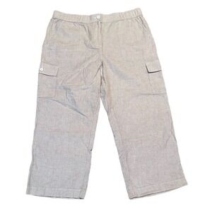 Talbots Womens 12 Tan White Striped Linen Cotton Cargo Crop Pants‎ (G-268)